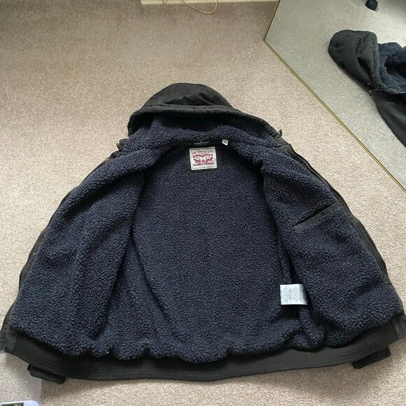 Men's Levi's Cotton Workwear Sherpa-Lined Hooded Bomber Jacket Coat Olive Large - Picture 3 of 12